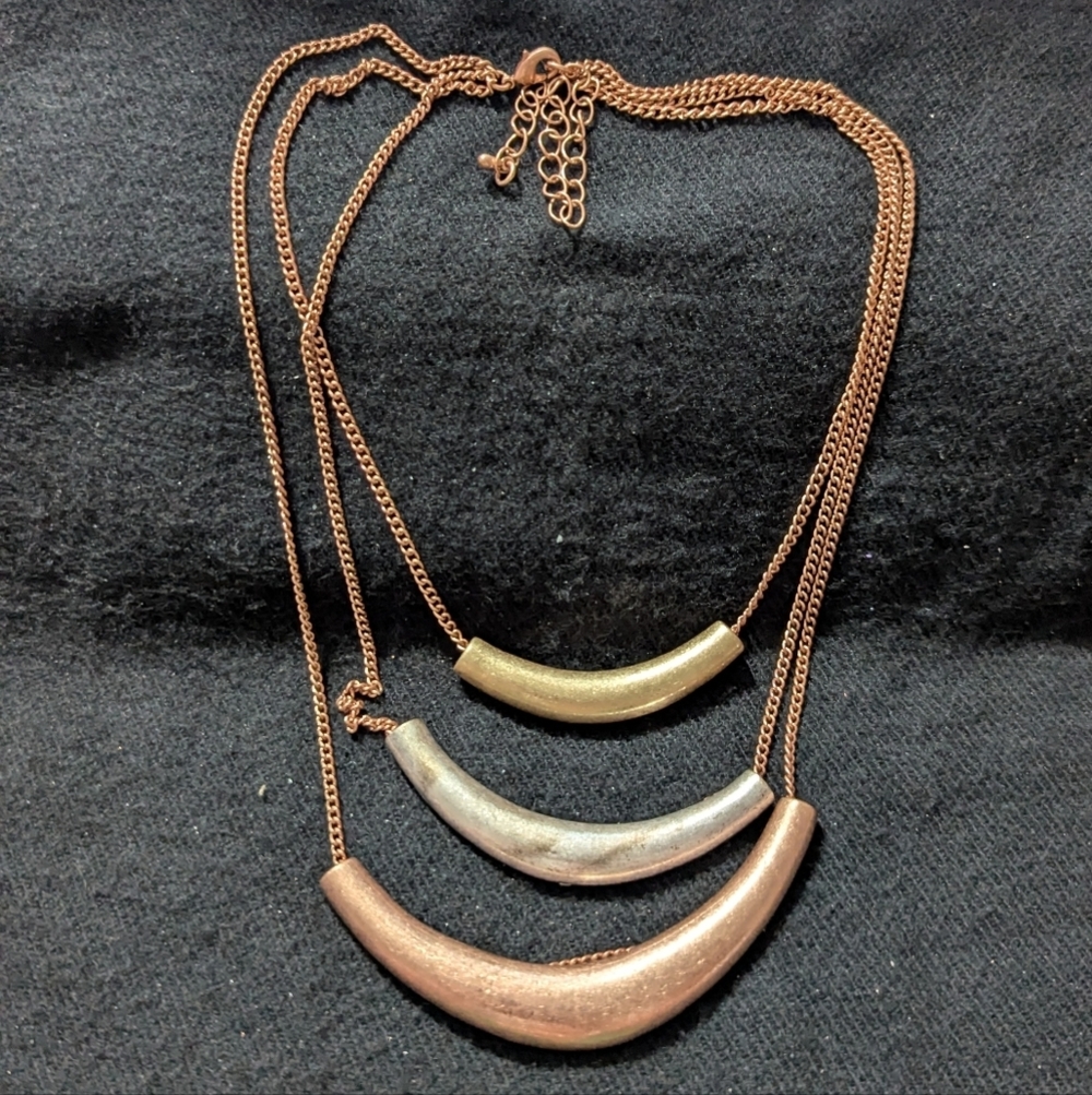 Copper Gold And Silver Tone Curved Bar Layered Statement Necklace